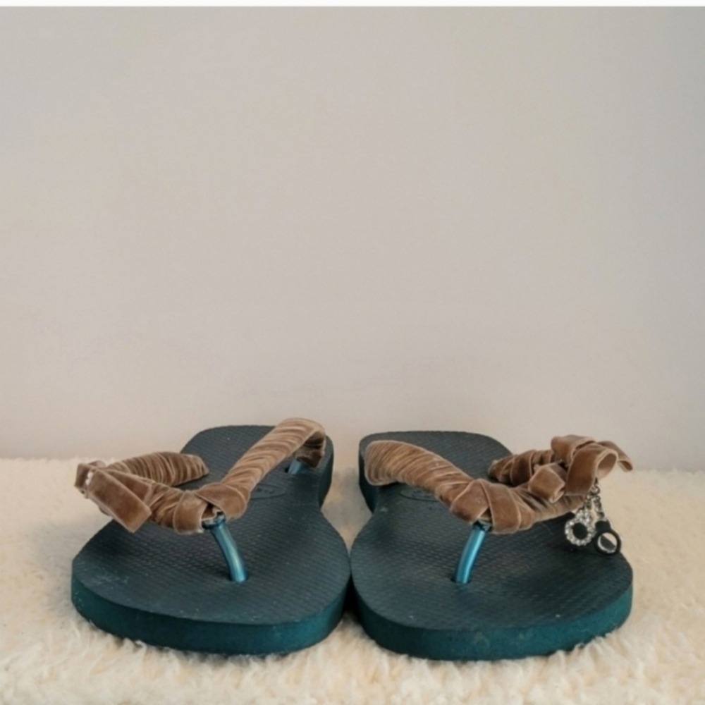 HAVAIANAS Green Tan Flip Flop Thong Sandals Size 7/8 - Picture 4 of 10